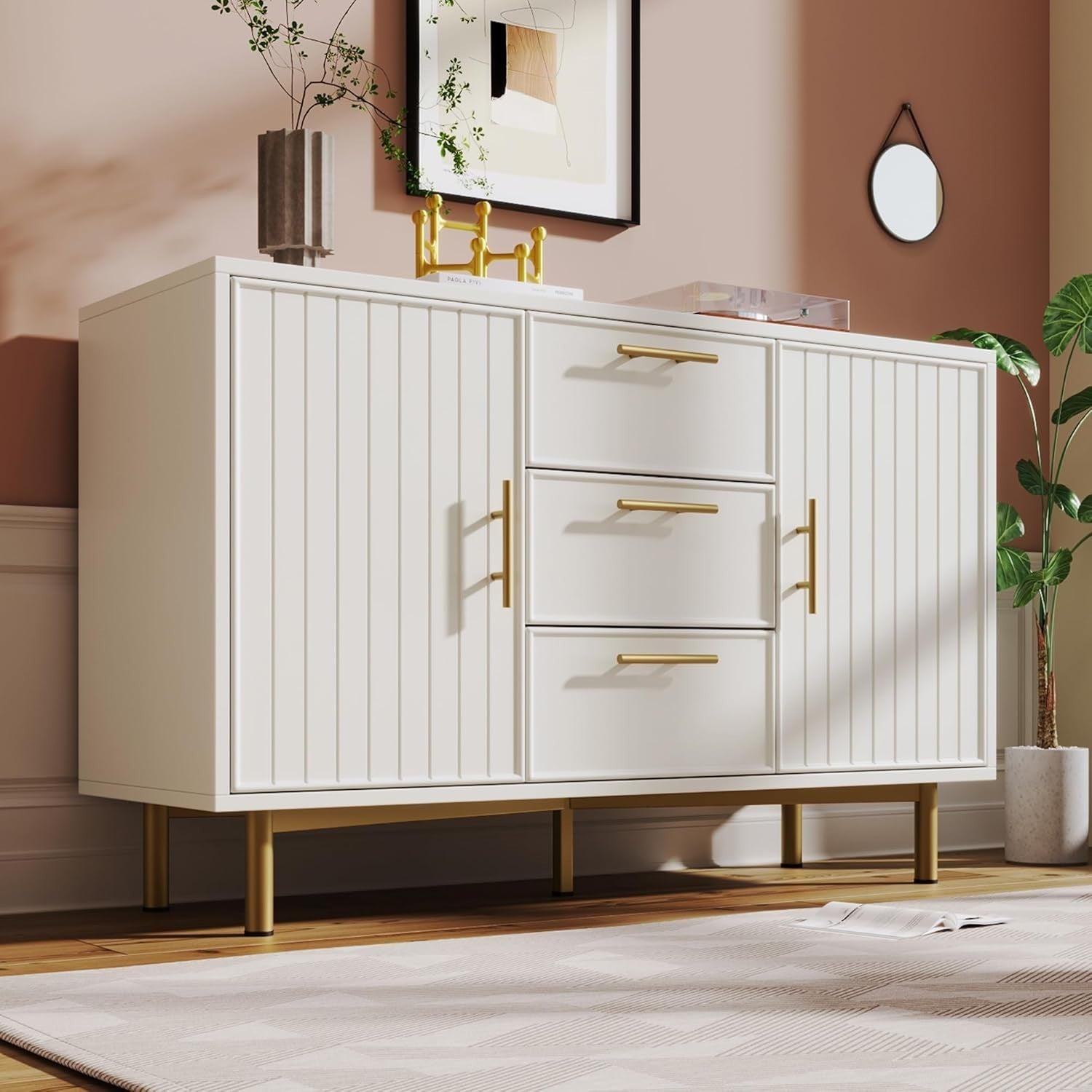 Modern White & Gold Sideboard Cabinet 2 Doors 3 Drawers Adjustable Shelf