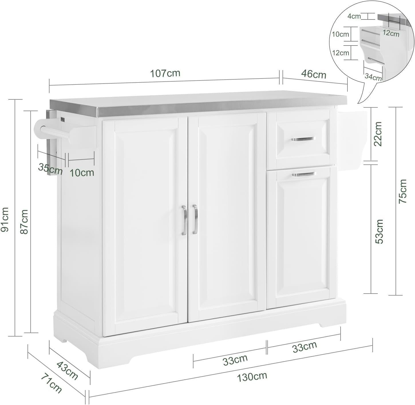 Rolling Kitchen Island with Expandable Stainless Steel Worktop & Storage
