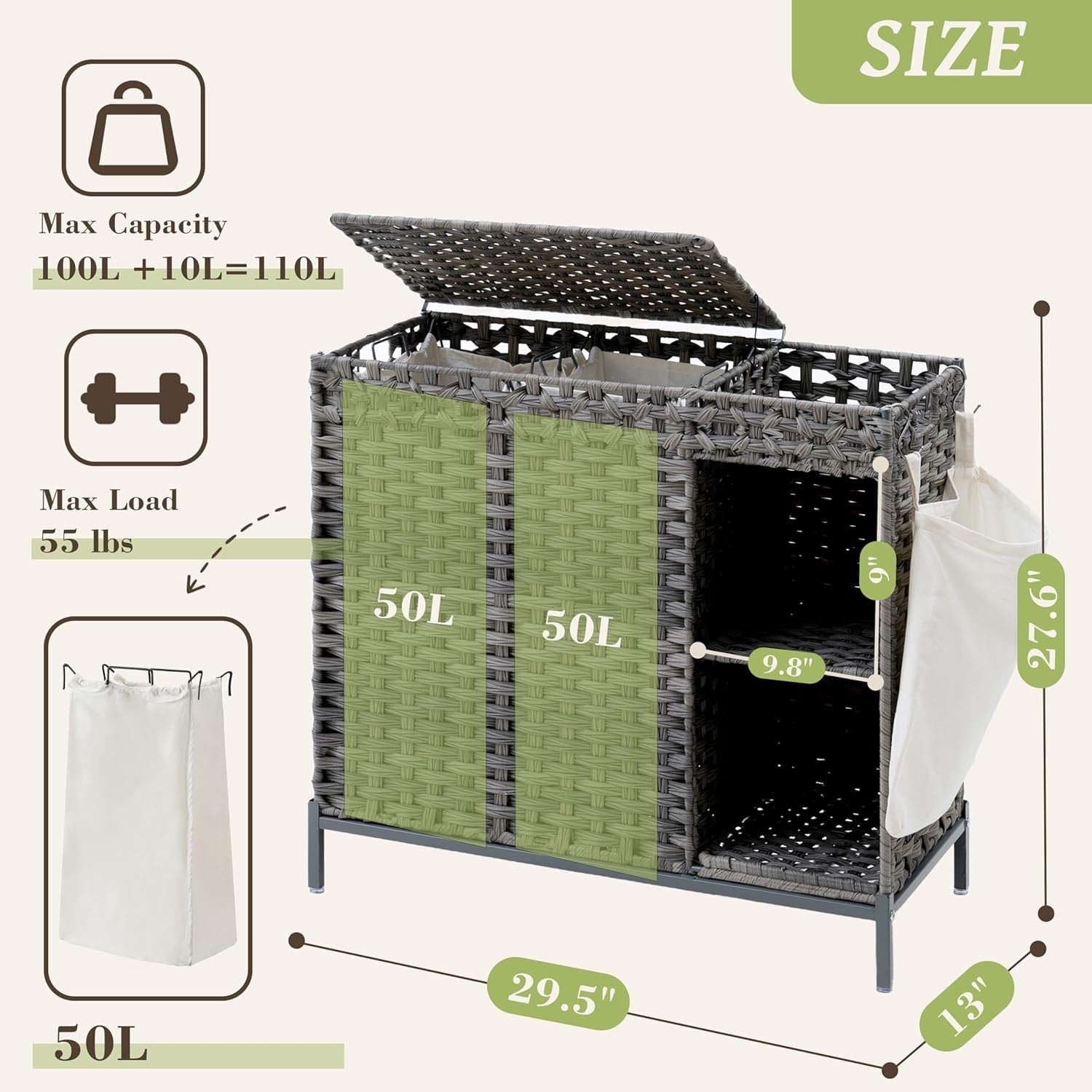 110L Grey Rattan Laundry Hamper 2 Section Basket with Lid & Storage Shelf