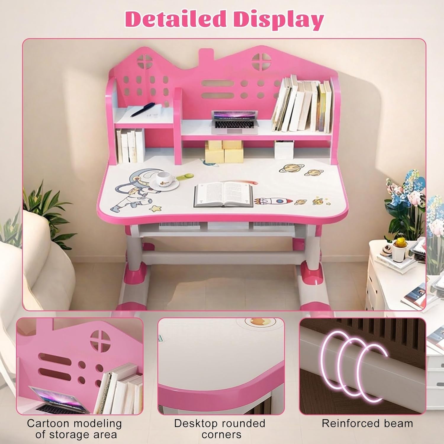 Adjustable Kids Desk & Chair Set with Drawer, Castle Backboard, Ergonomic Pink