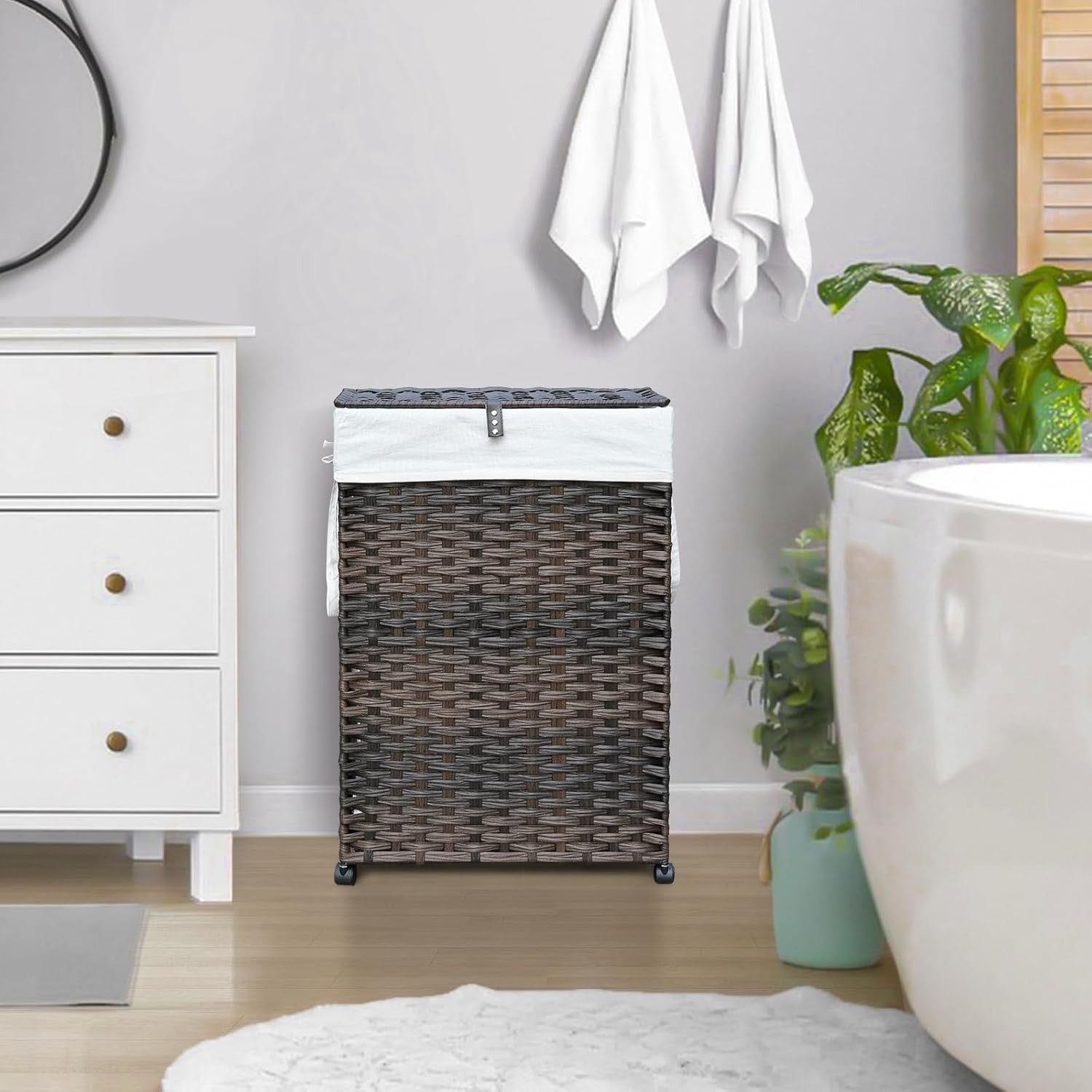 70L Slim Rattan Laundry Hamper with Wheels 2 Removable Bags Tall Basket Brown