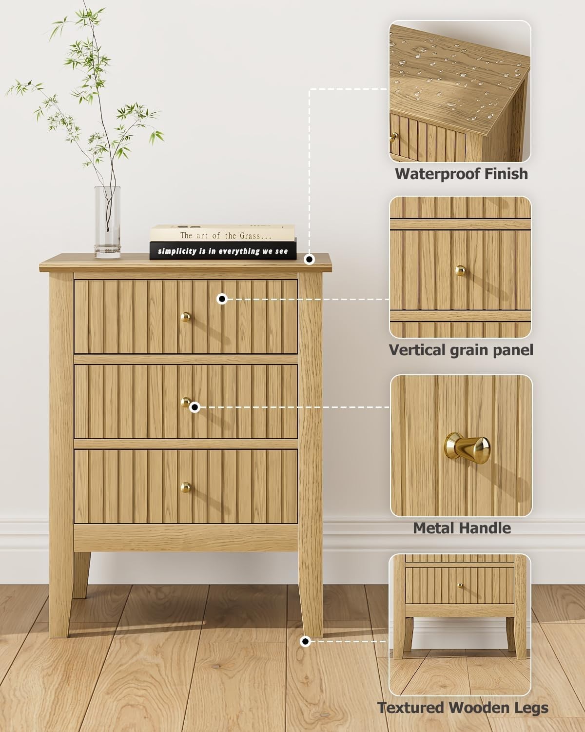 Modern Yellow Oak Bedside Table with 3 Drawers Wooden Nightstand Bedroom