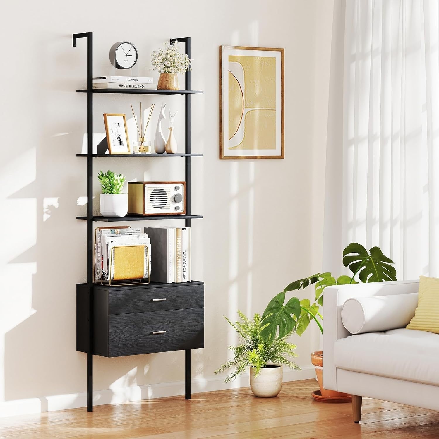 6 Tier Ladder Shelf Wall Mounted Bookcase with Drawers Metal Wood