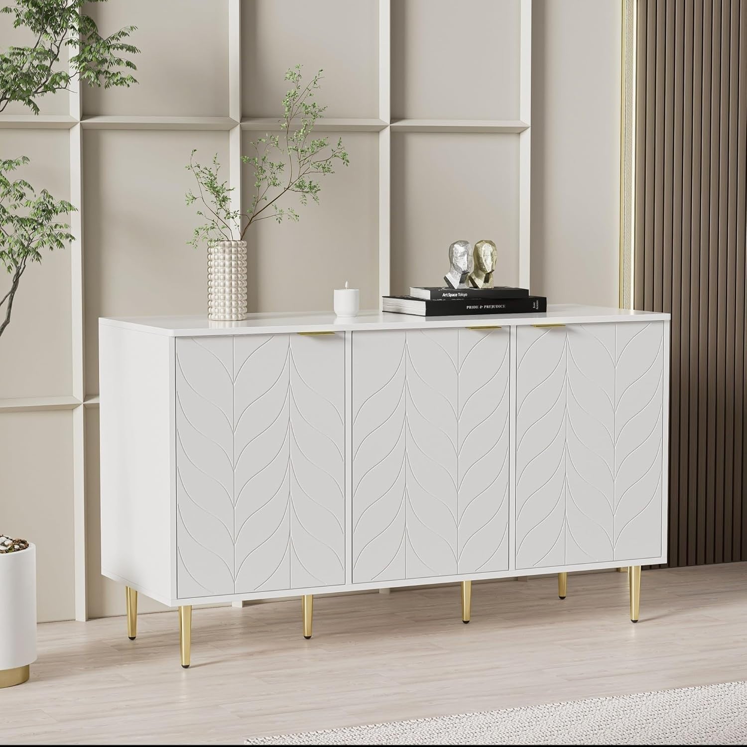 White Sideboard Cabinet 3 Doors Gold Legs Modern Storage Unit 127cm