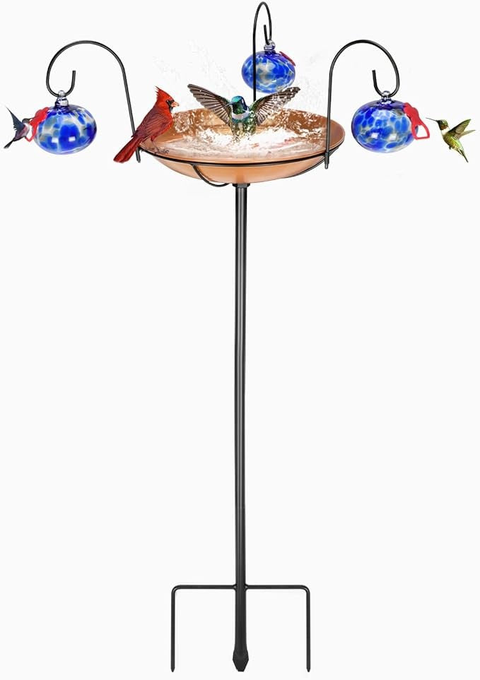 2-in-1 Hummingbird Feeder & Bird Bath Bowl – Hand Blown Glass Garden Decor
