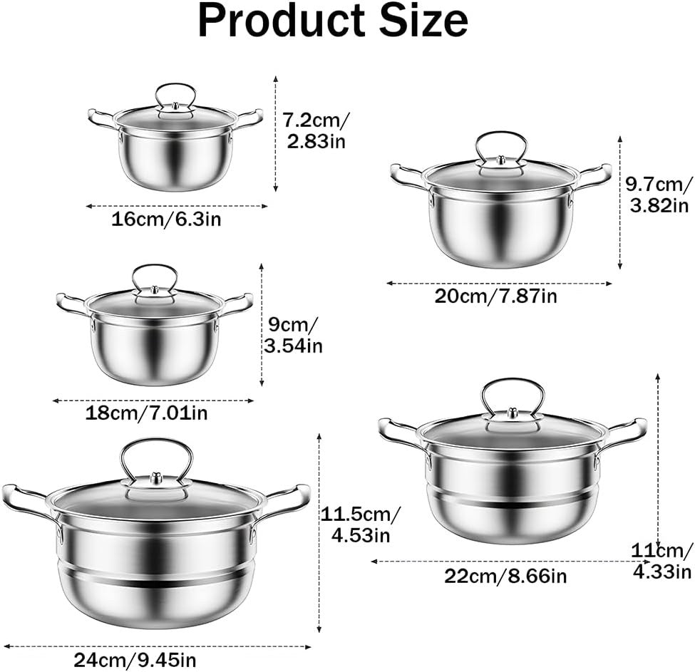 5Pcs Stainless Steel Cookware Set with Glass Lids  Non-Stick Pots Induction Safe