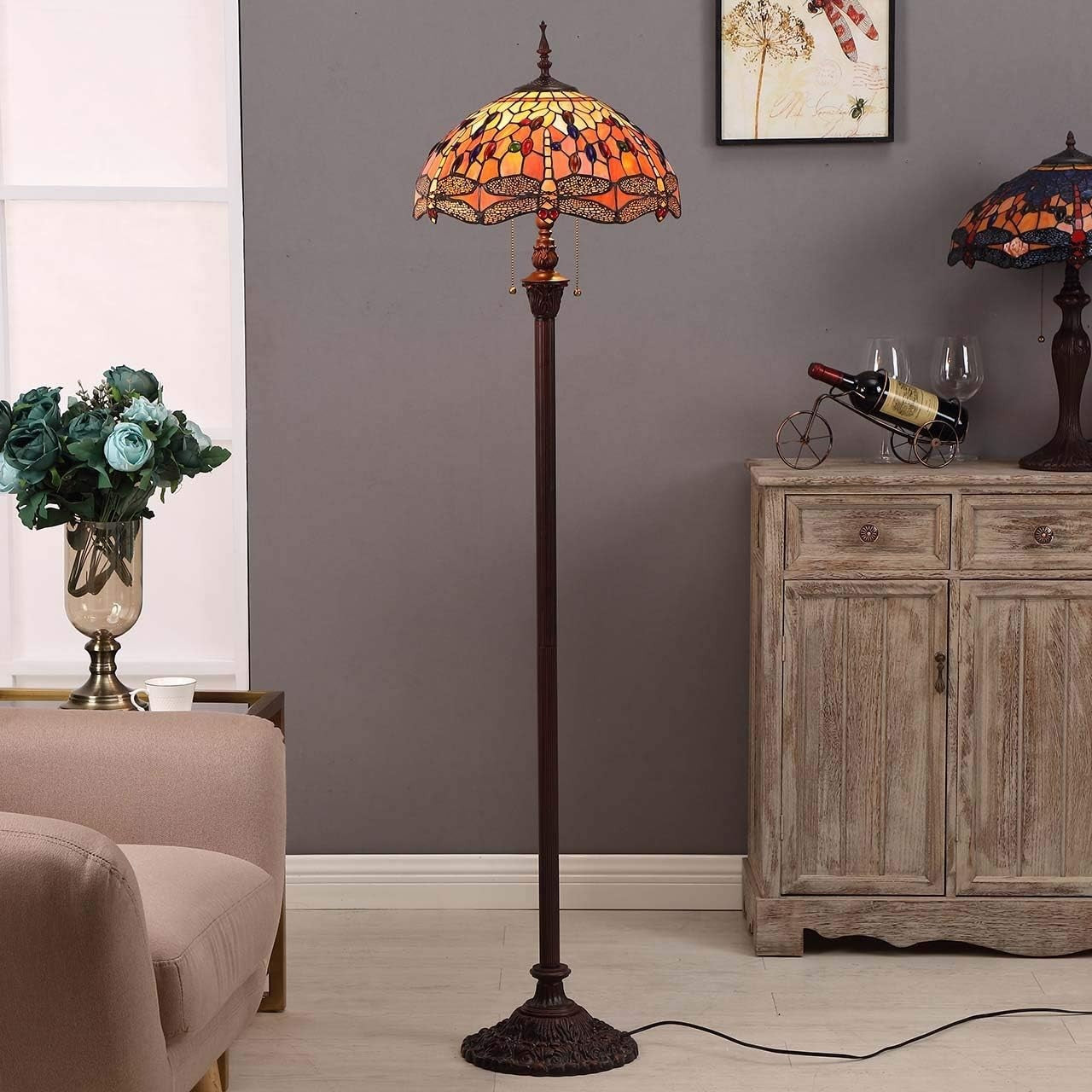 Stained Glass Dragonfly Floor Lamp 65" Tall, Handmade Shade, Antique Style