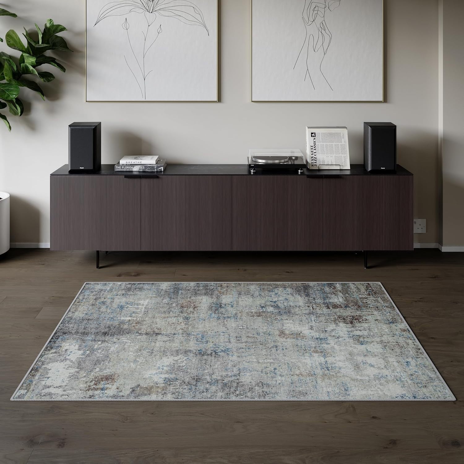 Washable Rug 152x213cm Non-Slip Soft Vintage Blue Brown Carpet Living Room