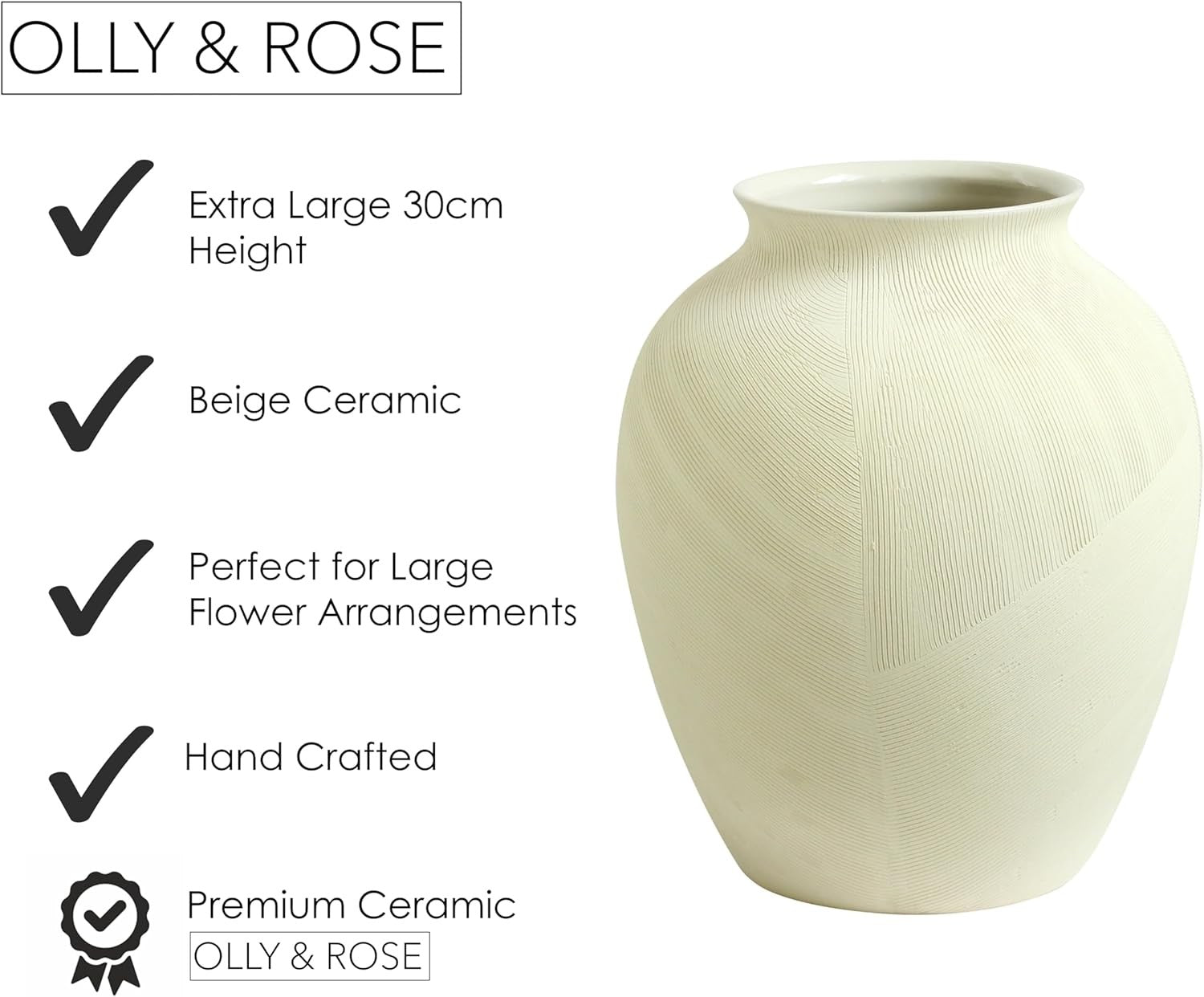 Large Ceramic Flower Vase 30cm Beige Modern Home Decor Table Centrepiece