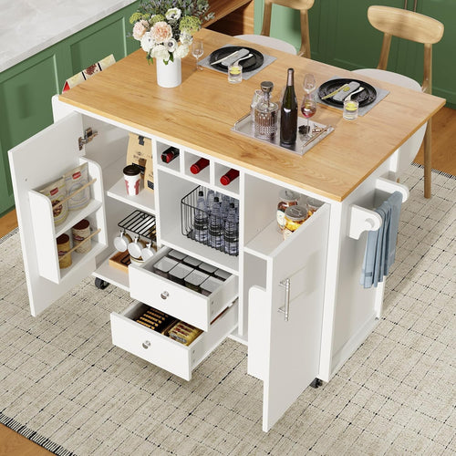 Kitchen Island Trolley with Foldable Worktop & Drawers White 138x73x92cm