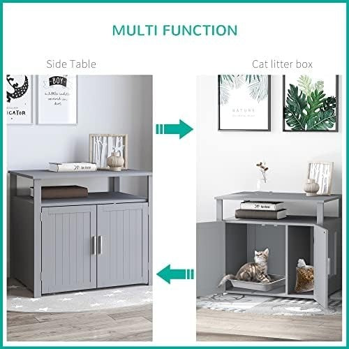 Modern Cat Litter Box Cabinet with Shelves & Hidden Compartment, Grey