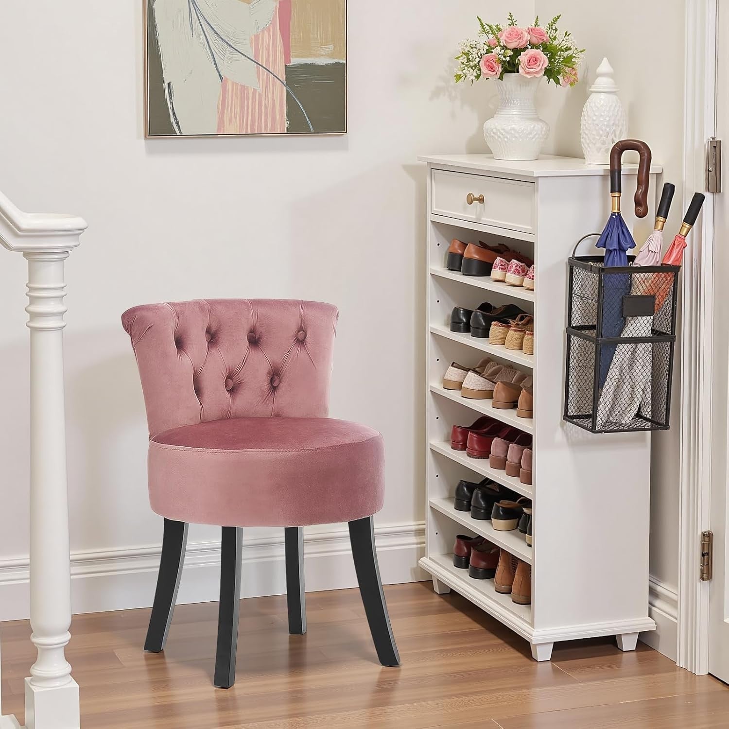 Pink Velvet High-Back Vanity Chair – Wooden Leg Dressing Table Stool