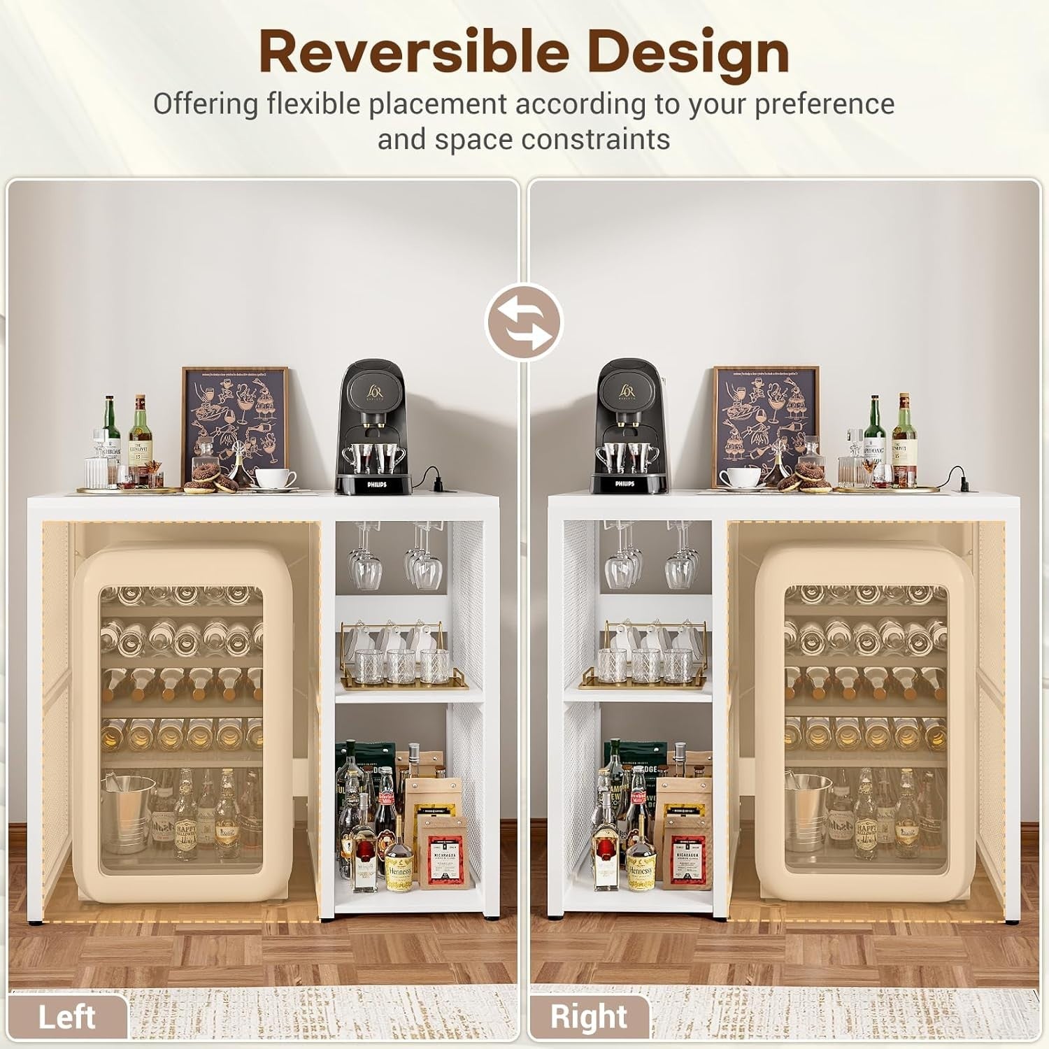 Mini Fridge Stand with Power Outlets Wine Bar Storage Cabinet White Industrial