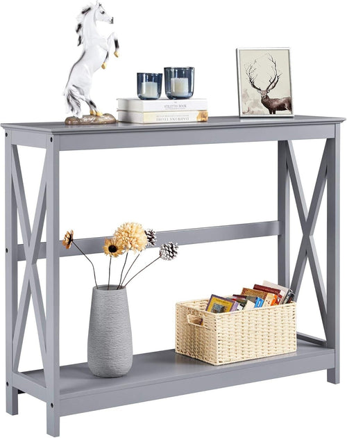 Slim 2-Tier Grey Console Table with X-Frame for Hallway & Living Room