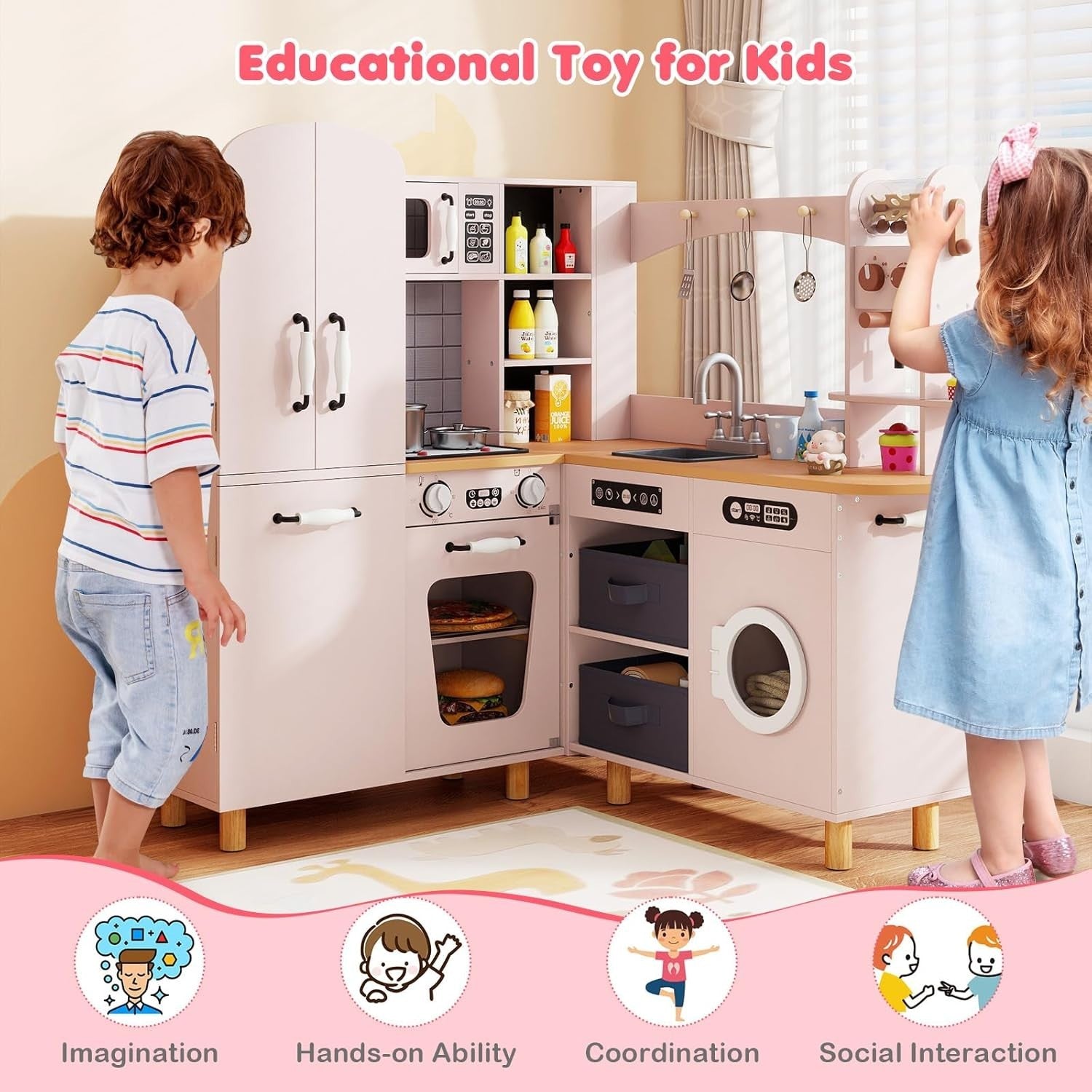 Corner Kids Play Kitchen Pink w/ Fridge Washer Coffee Maker Set
