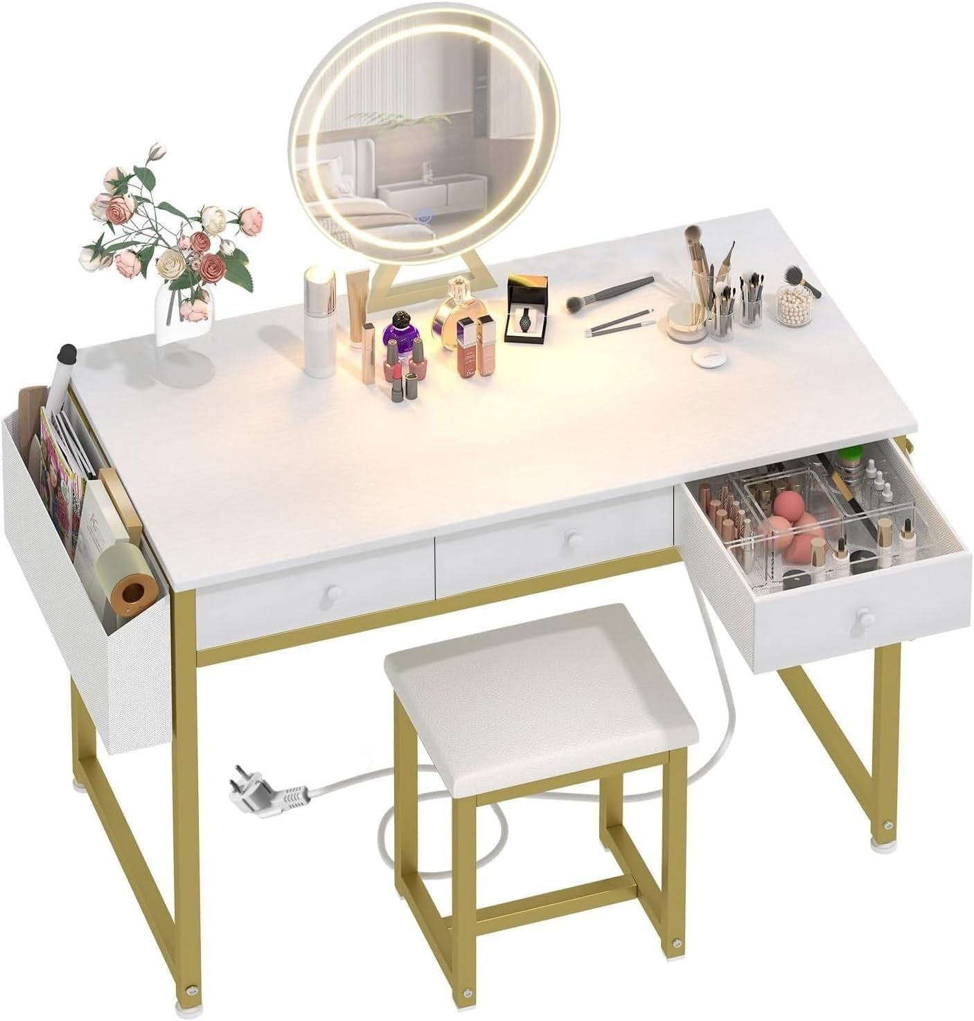 White Makeup Vanity Desk Set Compact Dressing Table 3 Drawers & Stool