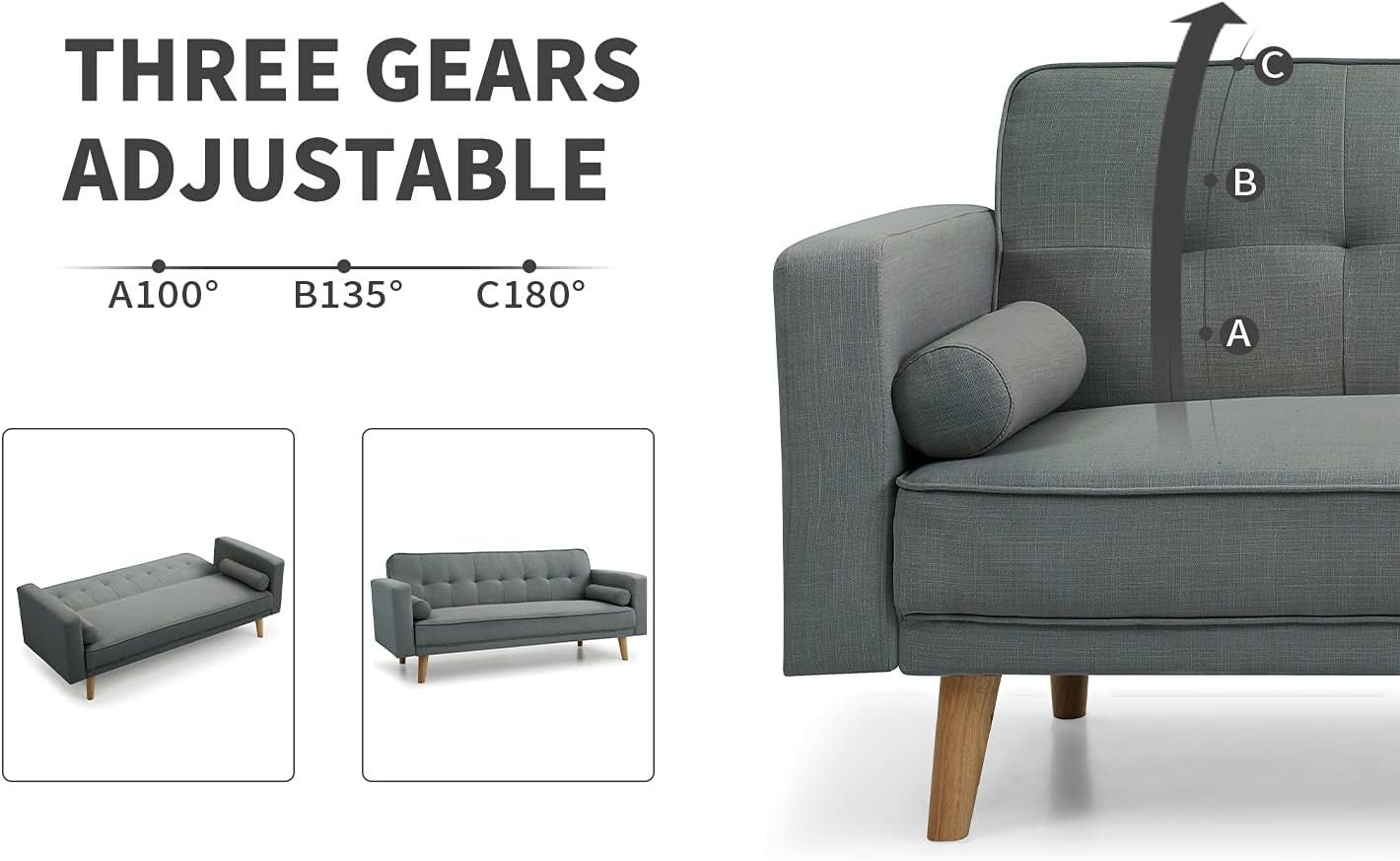 Grey 3 Seater Sofa Bed Linen Fabric Click Clack Couch for Guest Rooms
