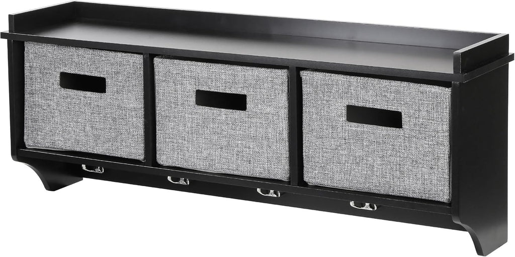 Black Wall Mounted Coat Rack | 5 Hooks & 3 Fabric Baskets Hallway Shelf