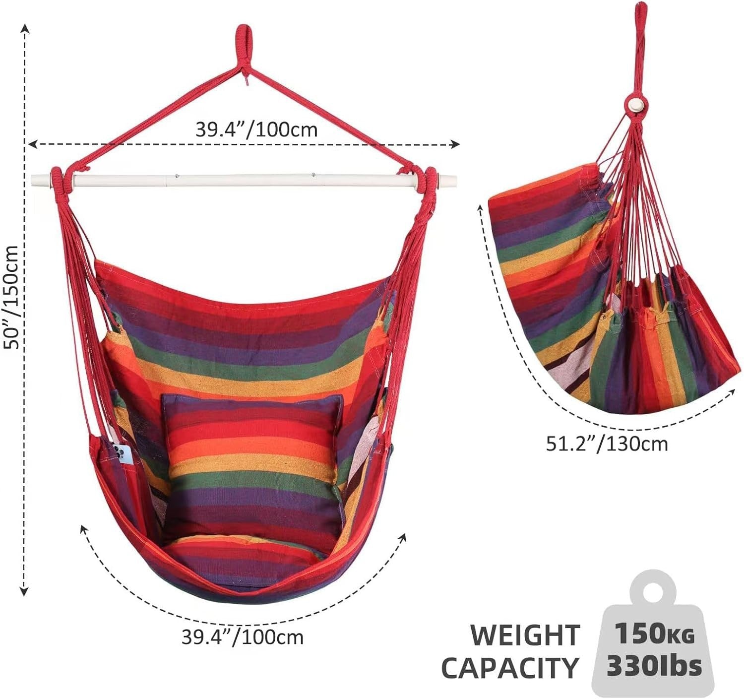 Hammock Chair Swing with Cushions | Indoor Outdoor Seat | 330lbs Max