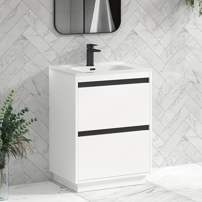 600mm Matte White Floor Standing Vanity Unit with Basin Sink 2 Drawer Cabinet