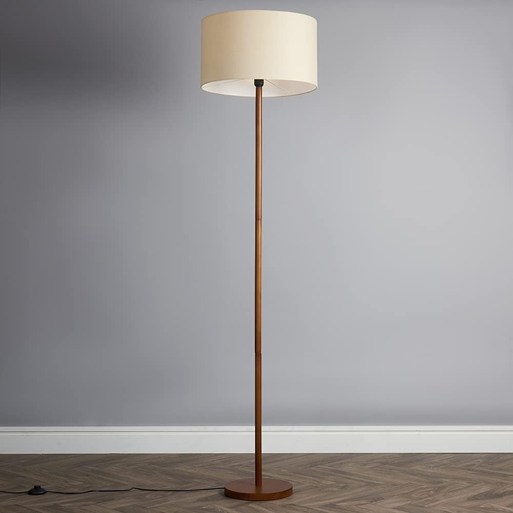 Scandi Wooden Floor Lamp Beige Drum Shade Modern Standing Light