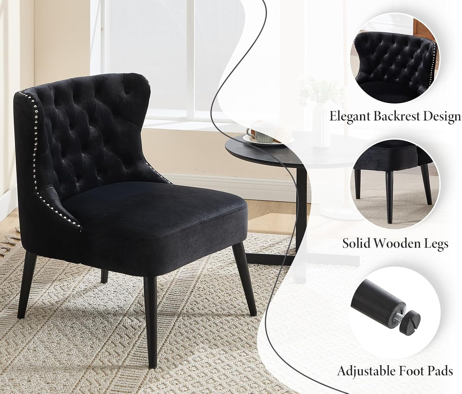 Retro Wingback Accent Chair Black Velvet High Back Armchair