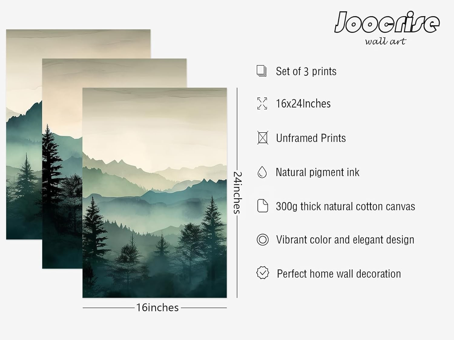 Sage Green Mountain Wall Art Set 3 16x24in Canvas