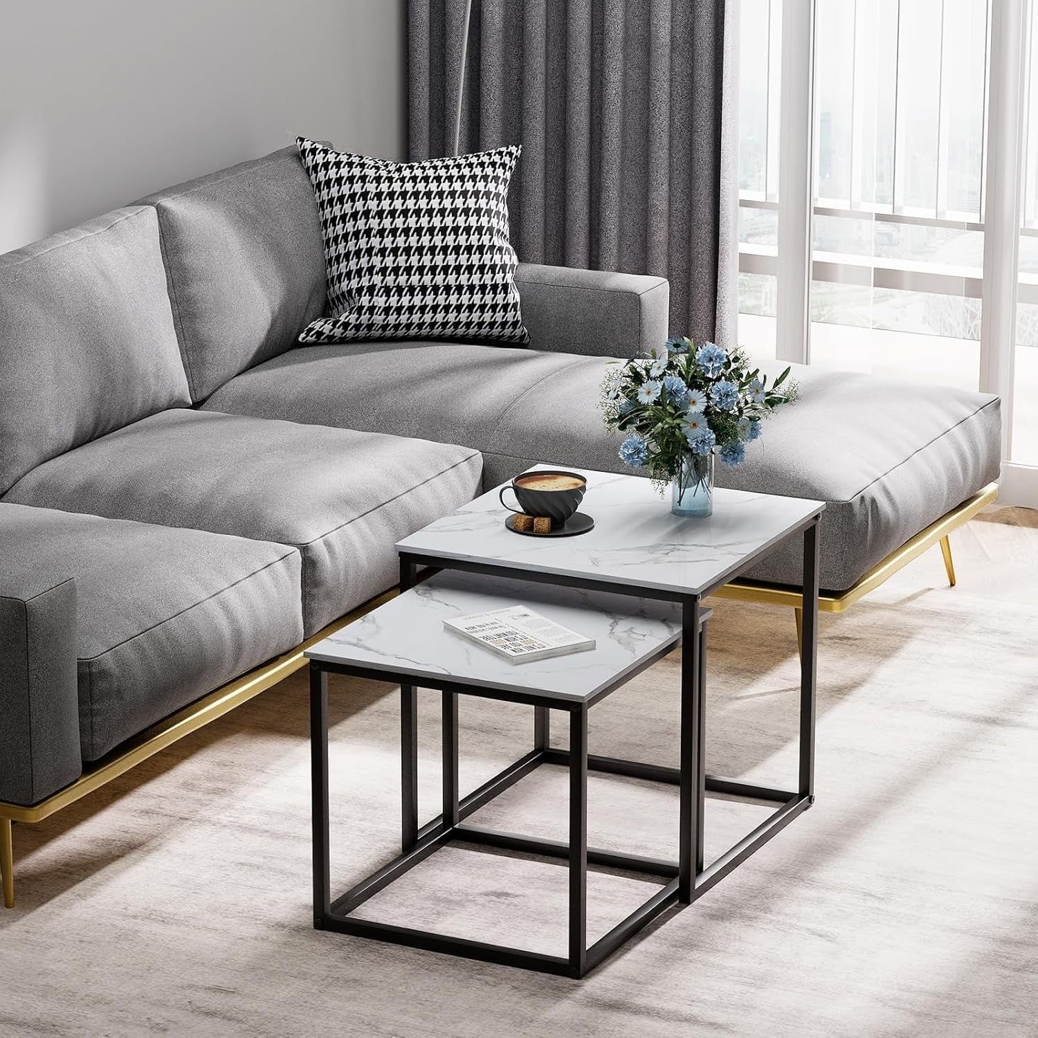 Black Nesting Coffee Table Set Modern Square Side End Tables Metal Frame