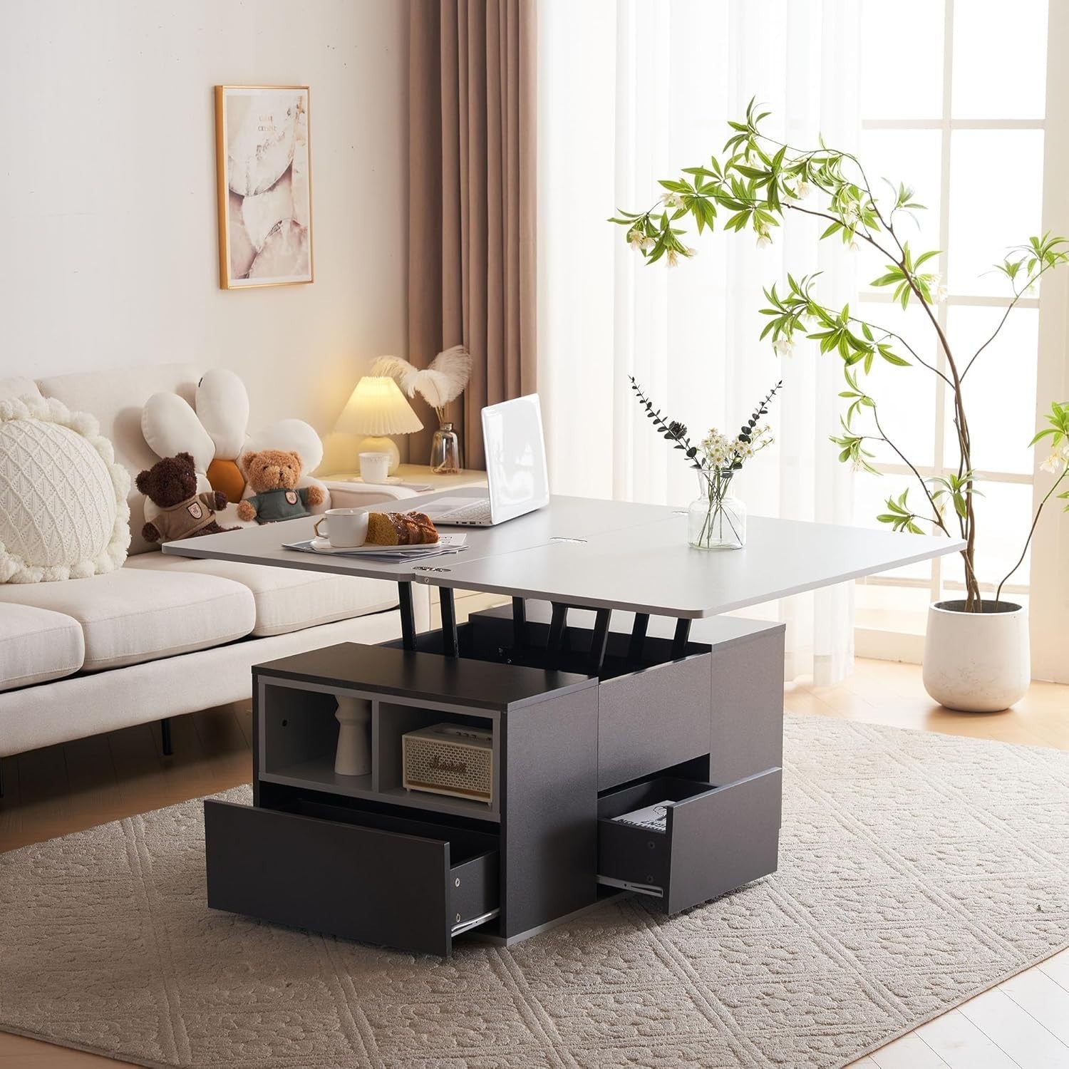Lift-Top Coffee Table with 3 Drawers & Storage, Grey 100x51x47cm