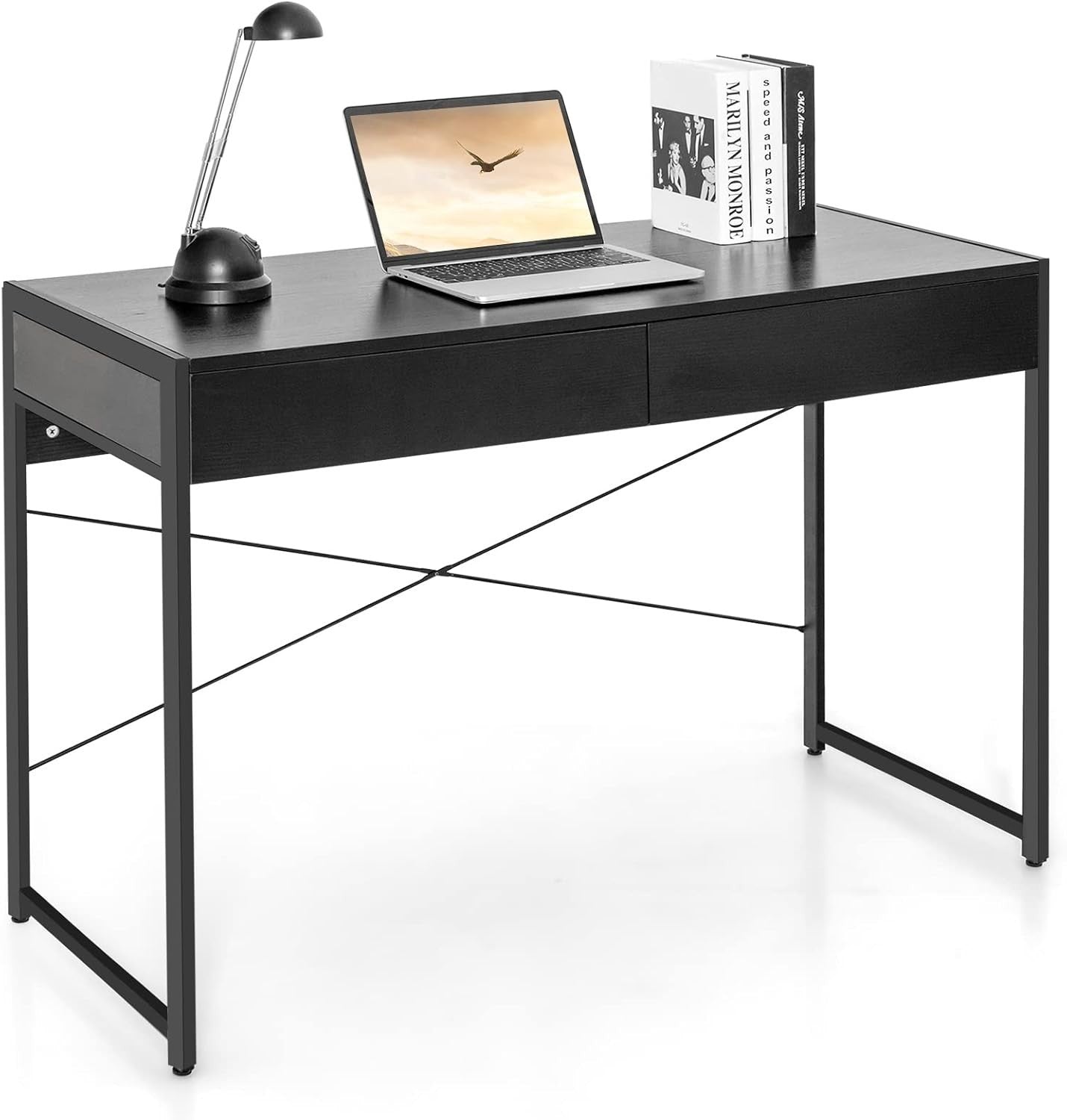Modern Black Computer Desk w/Drawers | Metal Frame Laptop Workstation