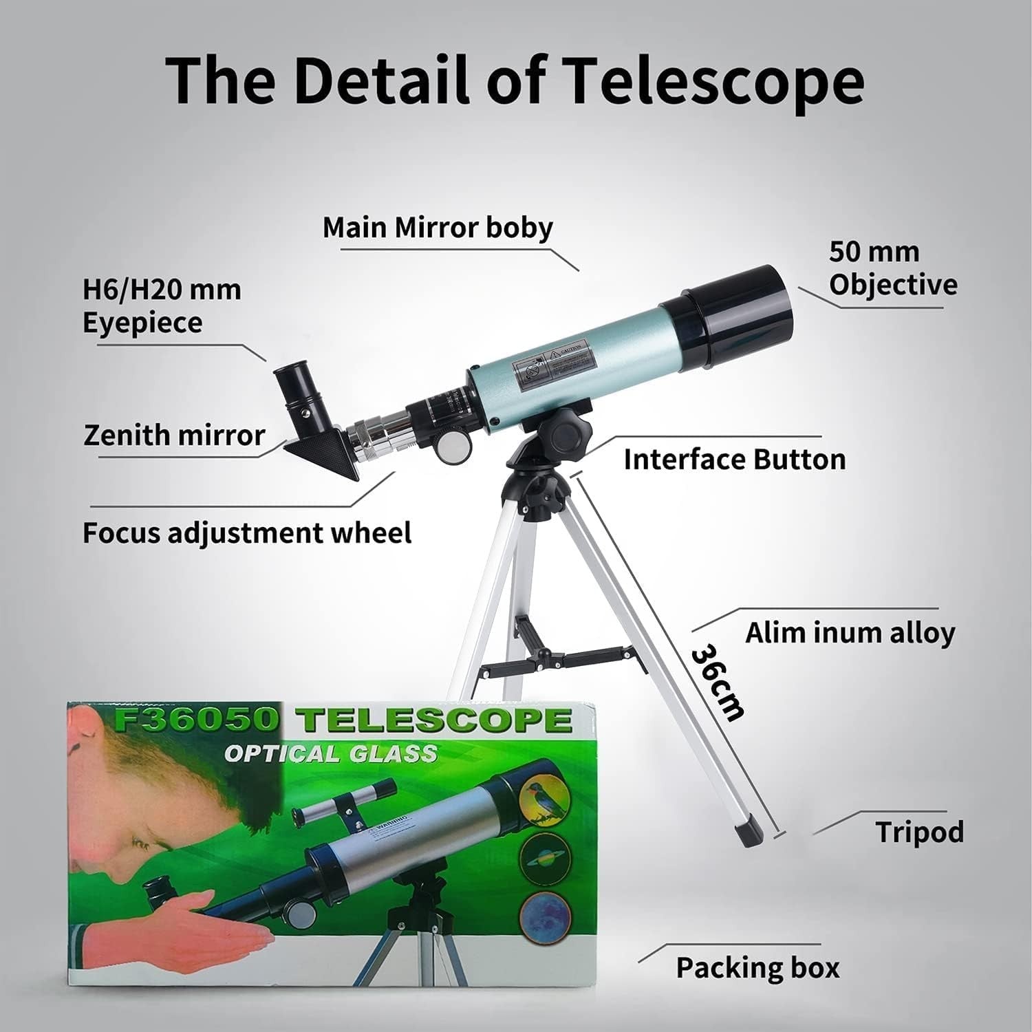 50mm Refractor Telescope 360mm for Kids & Beginners with Tripod, Blue