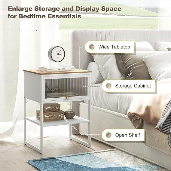 Modern Flip-Door Bedside Tables Set of 2 – Metal Frame Nightstands with Storage