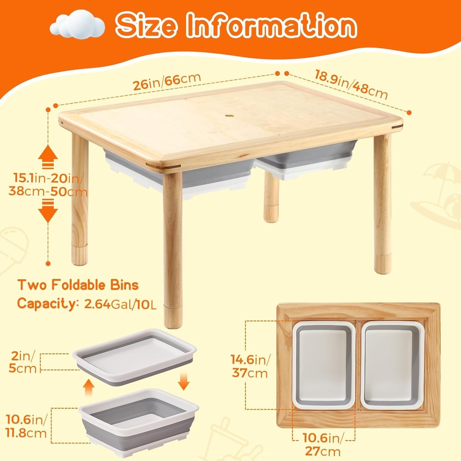 Adjustable Kids Sensory Table with 2 Storage Bins, Sand & Water Play, Pine Wood