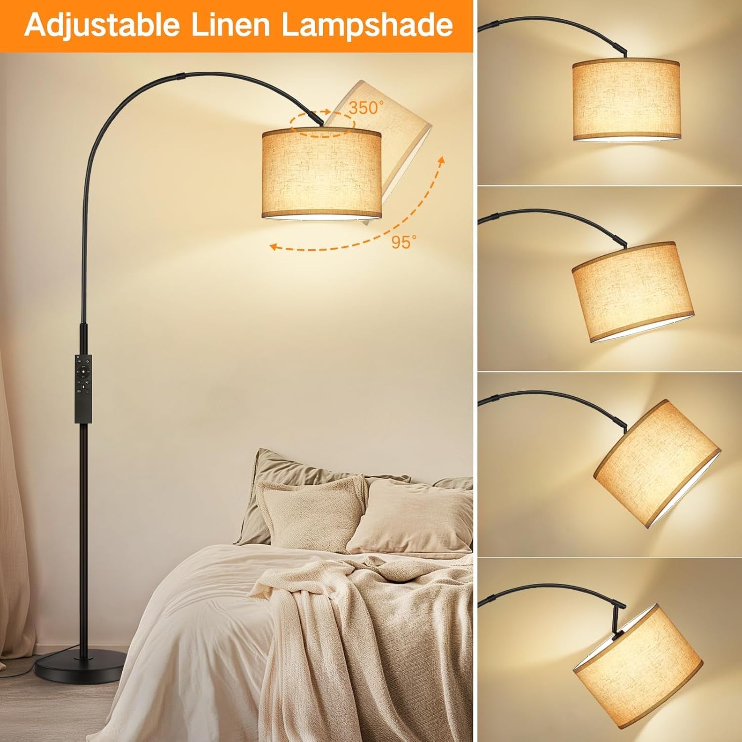 Arc Floor Lamp Dimmable Remote Control LED Standing Light Black 70in