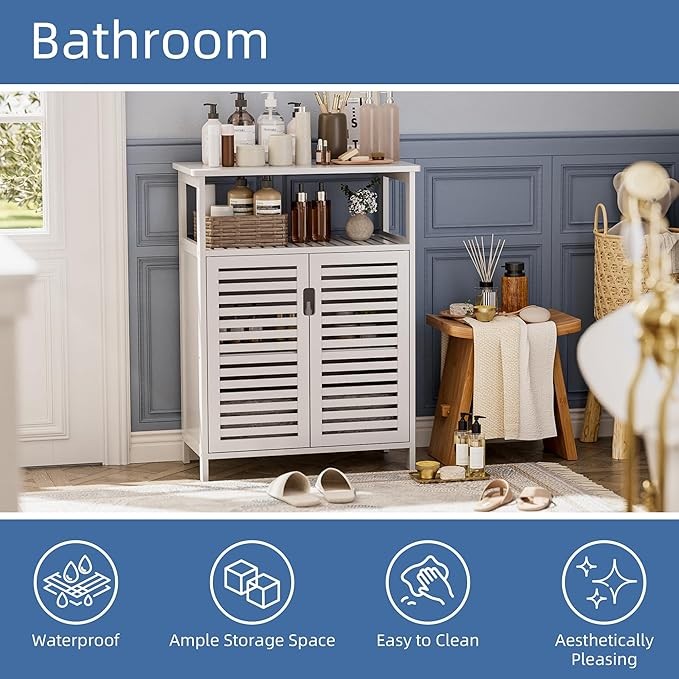 White Bamboo Storage Cabinet with Shutter Doors & Open Shelf 60x30x80cm
