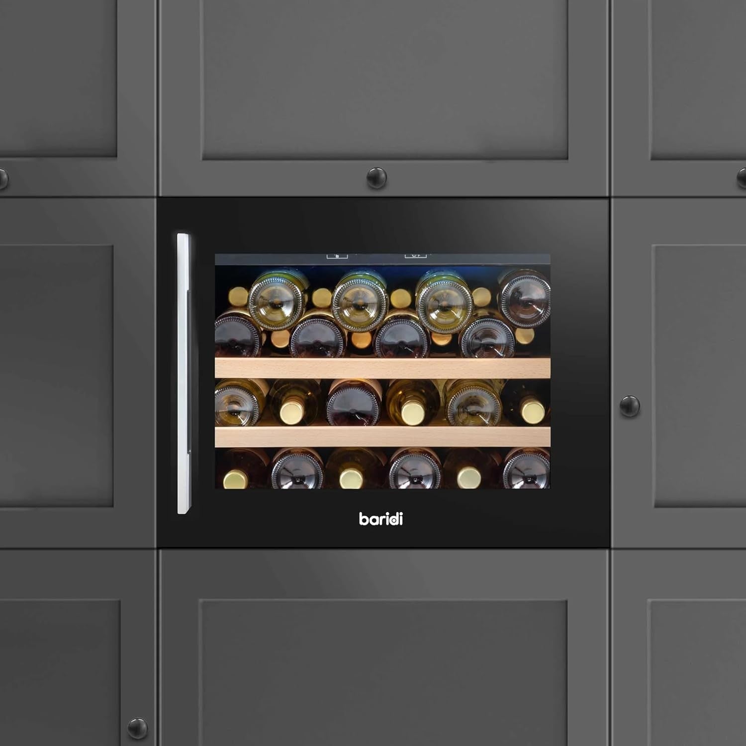 60cm Built In Wine Cooler 28 Bottle Glass Door LED Beech Shelves Black