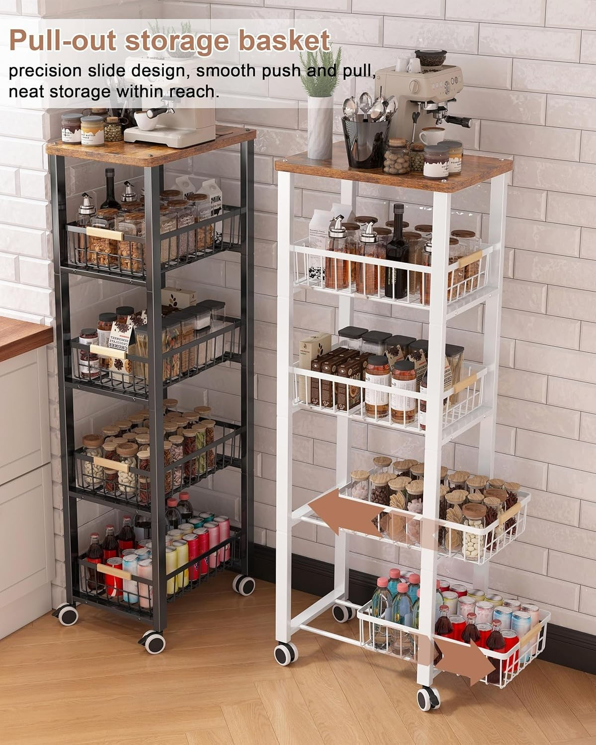 5 Tier Slim Kitchen Storage Trolley on Wheels Wood Top