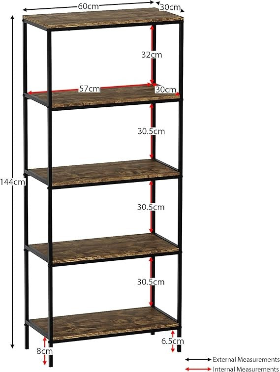 5 Tier Industrial Rustic Bookcase Shelving Unit Tall Display Storage Stand Dark