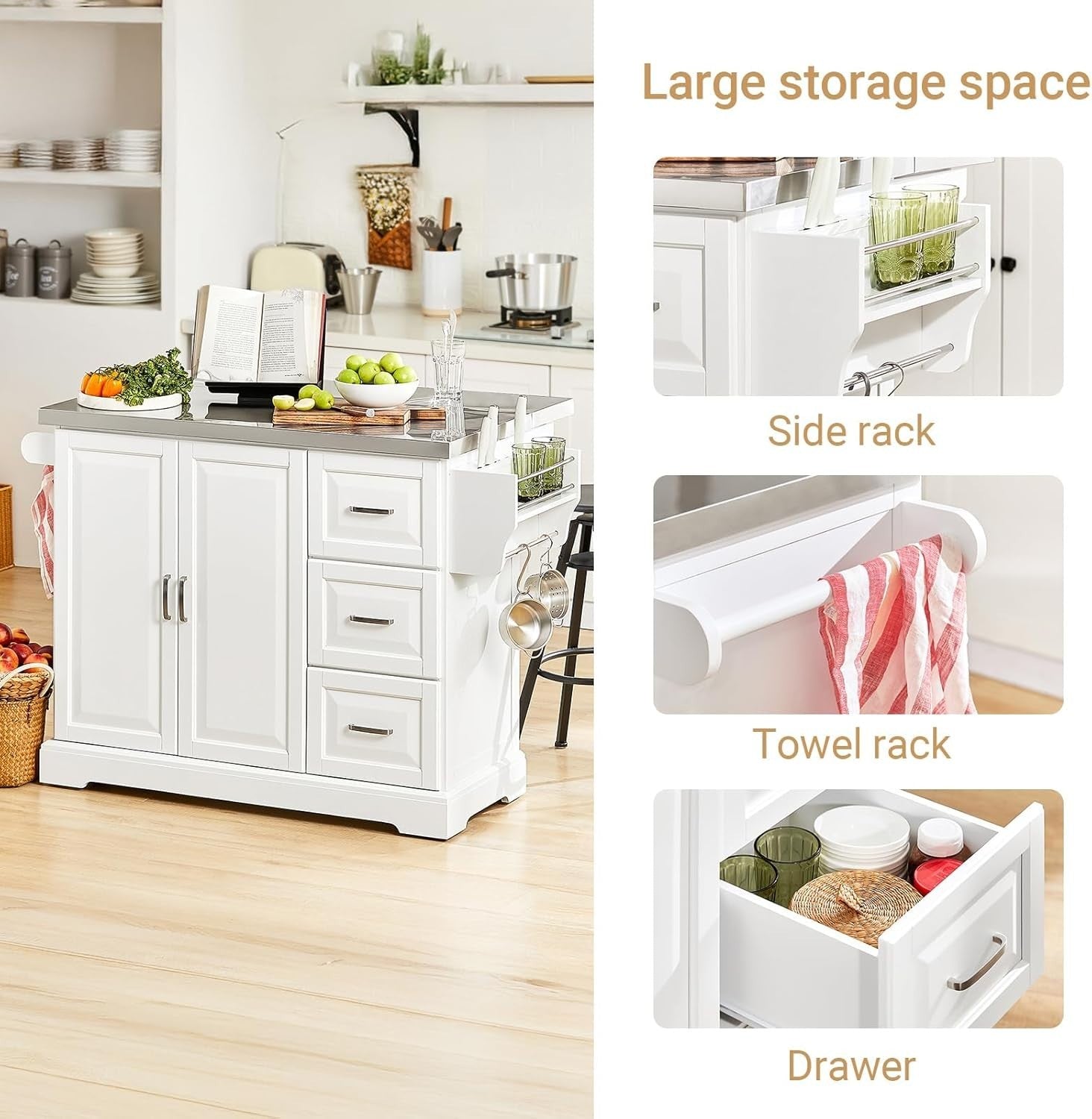 Extendable Kitchen Island on Wheels Stainless Steel Worktop Storage Cart