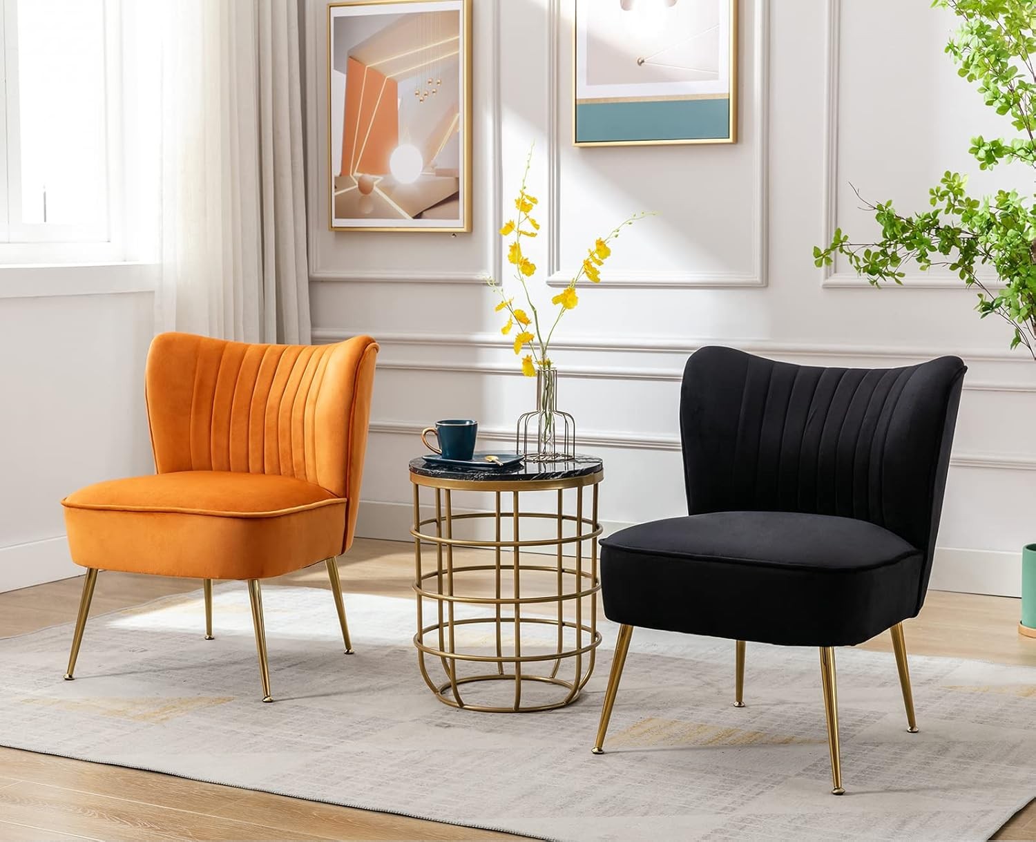 Black Velvet Accent Chair Gold Metal Legs Lounge Tub Seat