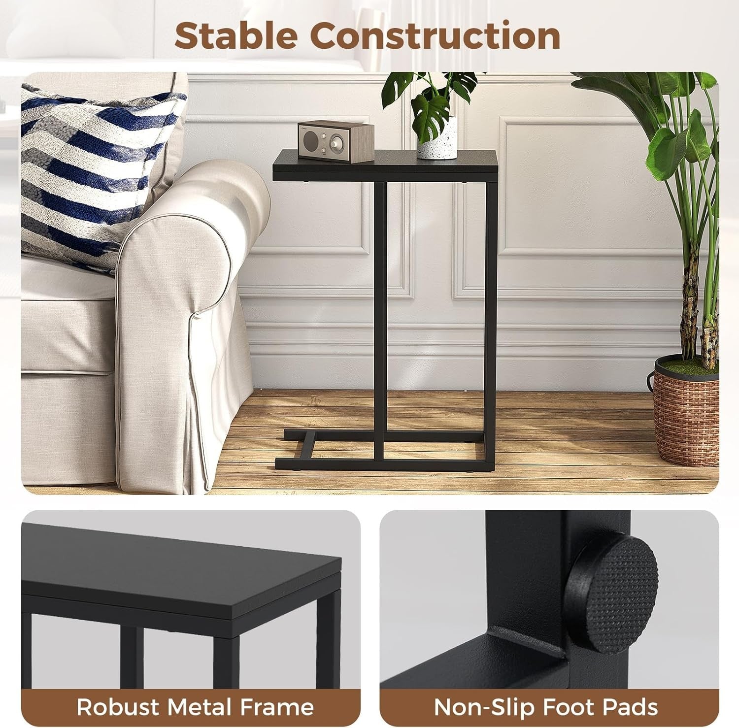 C-Shaped Side Table Black | Industrial Sofa Snack Laptop Table for Small Spaces