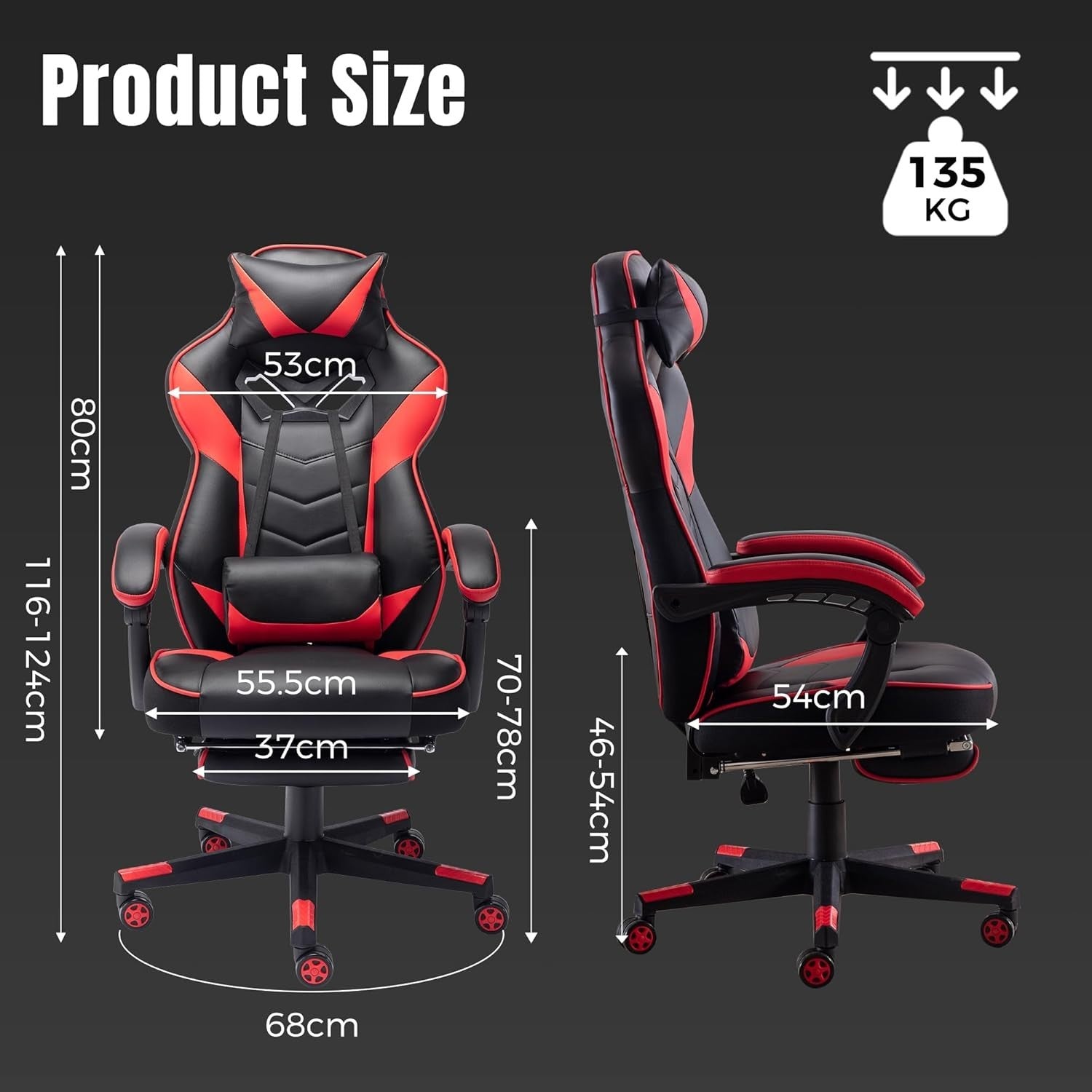 Red Faux Leather Gaming Chair w/ Recline, Footrest, Massage, Swivel, Ergonomic