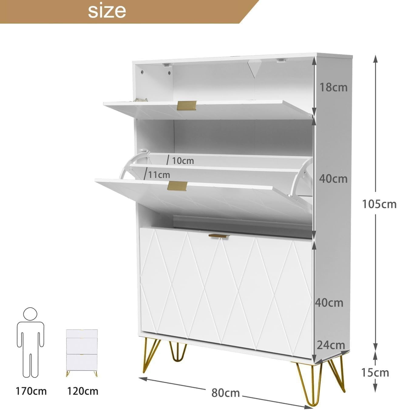 White Tilting Shoe Cabinet 3 Compartments Hidden Shelf Storage 80x24x120cm