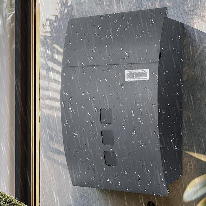 Wall-Mounted Lockable Mailbox Grey | Waterproof Steel Post Box | Large Secure