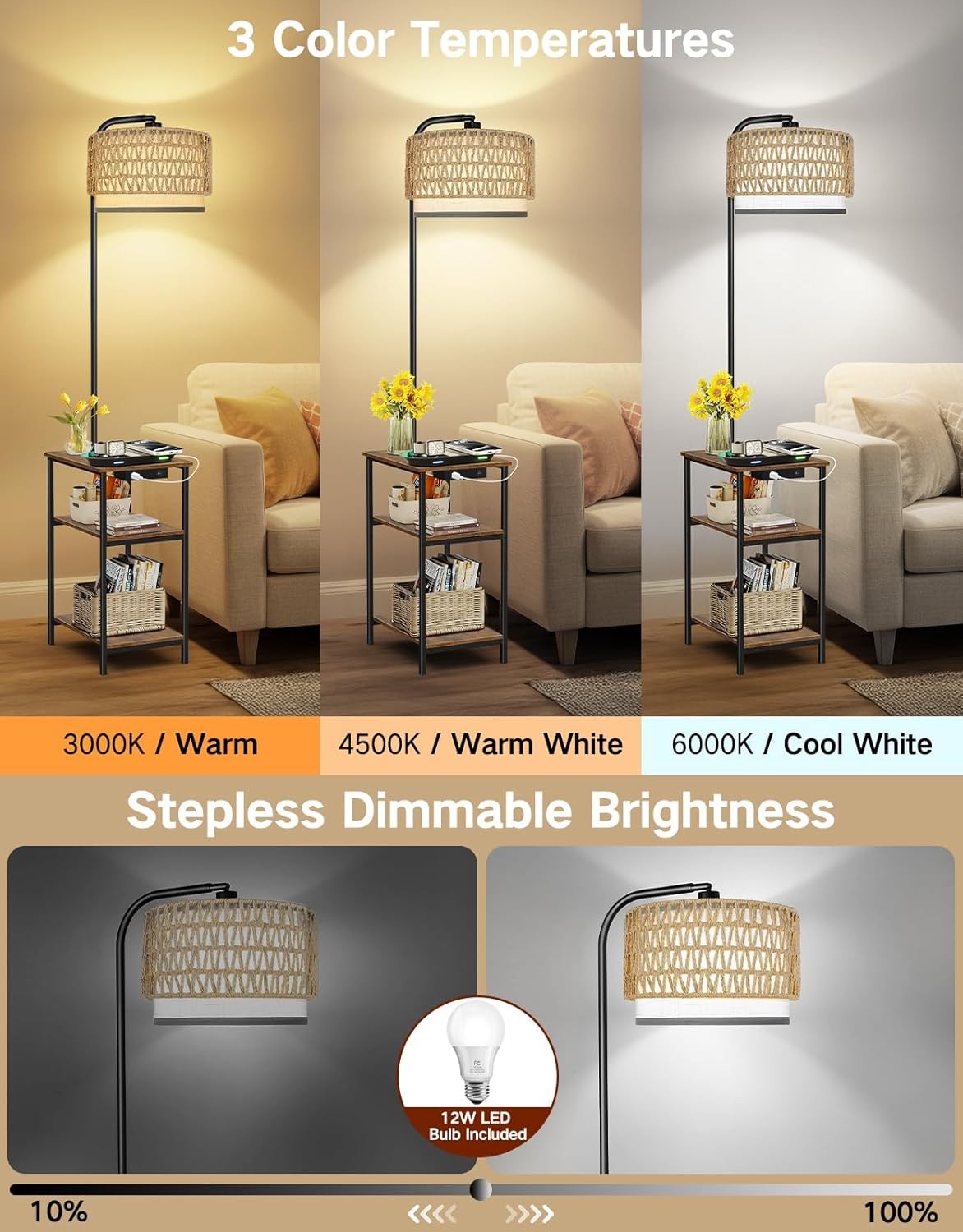 Floor Lamp with Table Rattan Shade Charging Station Dimmable LED Nightstand