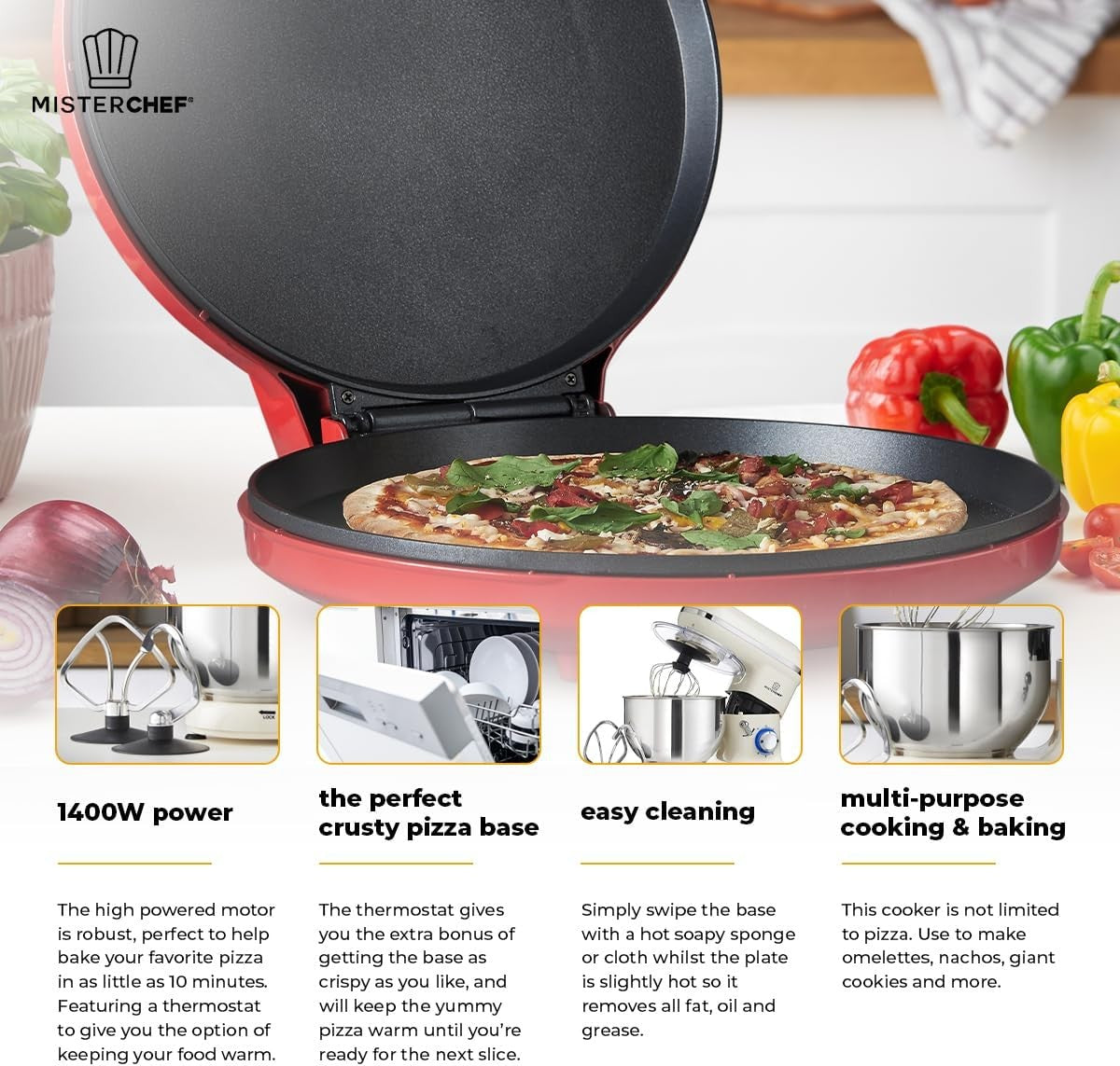 12" Electric Pizza Maker 1400W | Non-Stick Plates | Crepe Pancake Omelette Oven