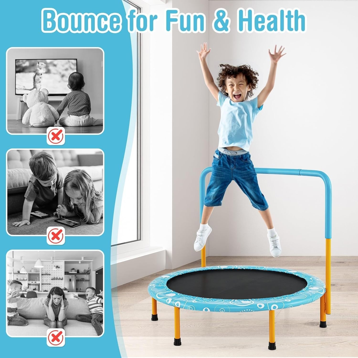 36in Kids Mini Trampoline Foldable Quiet Rebounder Handle Indoor