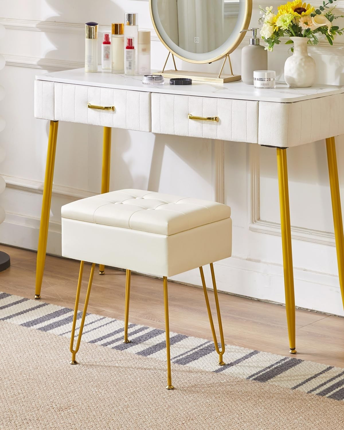 White PU Leather Vanity Stool with Storage & Flip Tabletop – Adjustable Legs