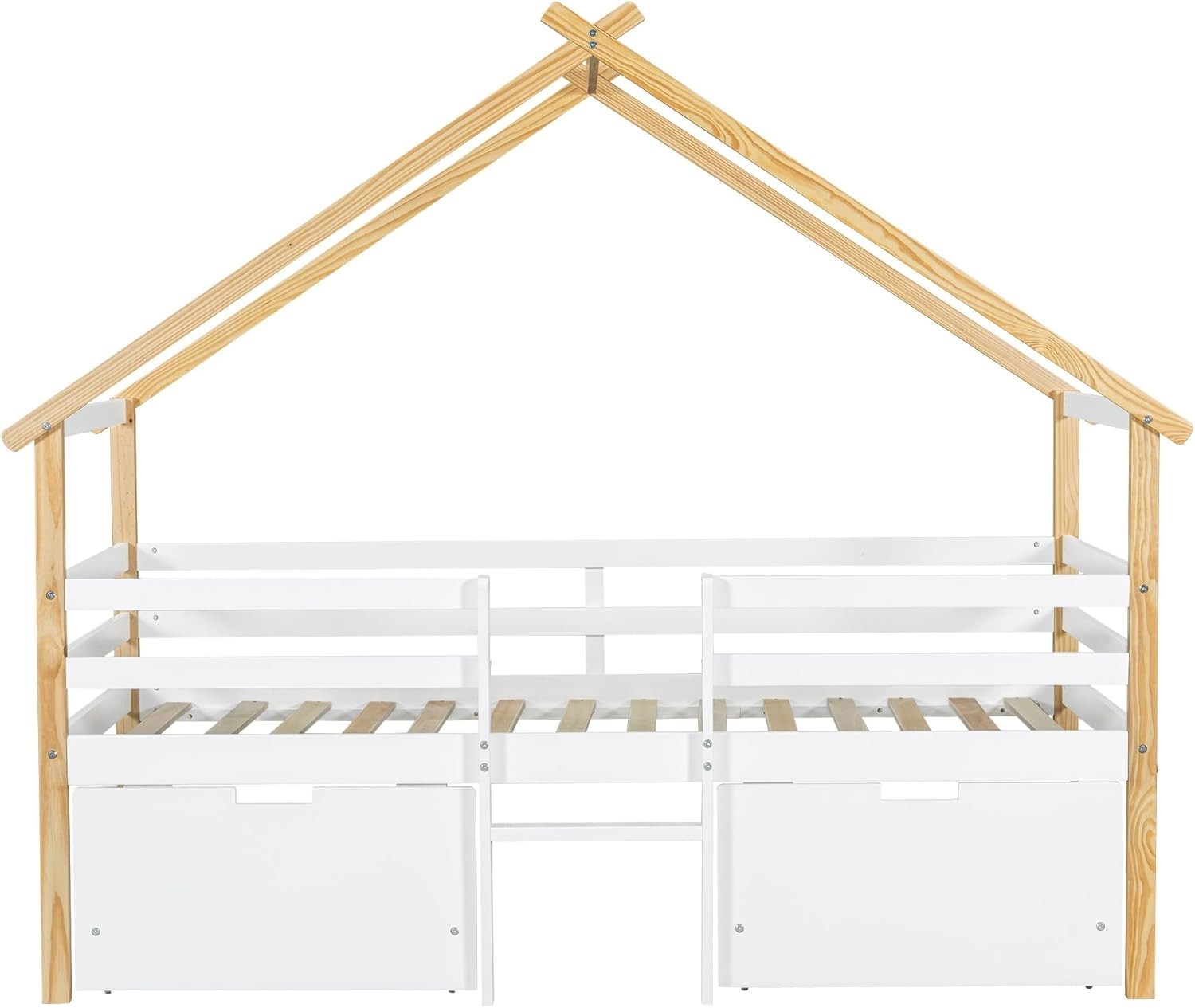 Kids Wooden Bed Frame 3ft Single 90x190cm w/ Guardrail Roof Design & Storage