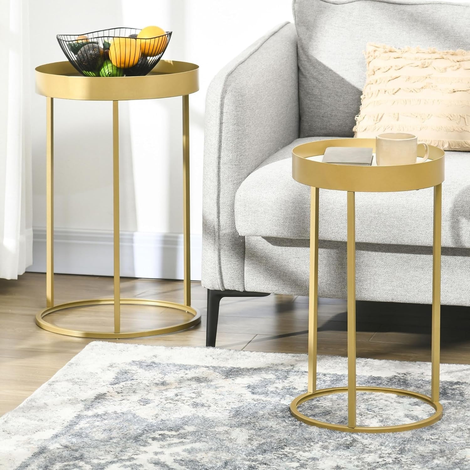 Gold Nesting Side Table Set 2 Round Metal Frame Tray Coffee End Tables Modern